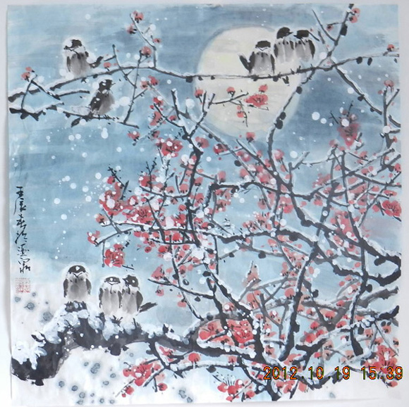 国画梅画《雪夜梦》